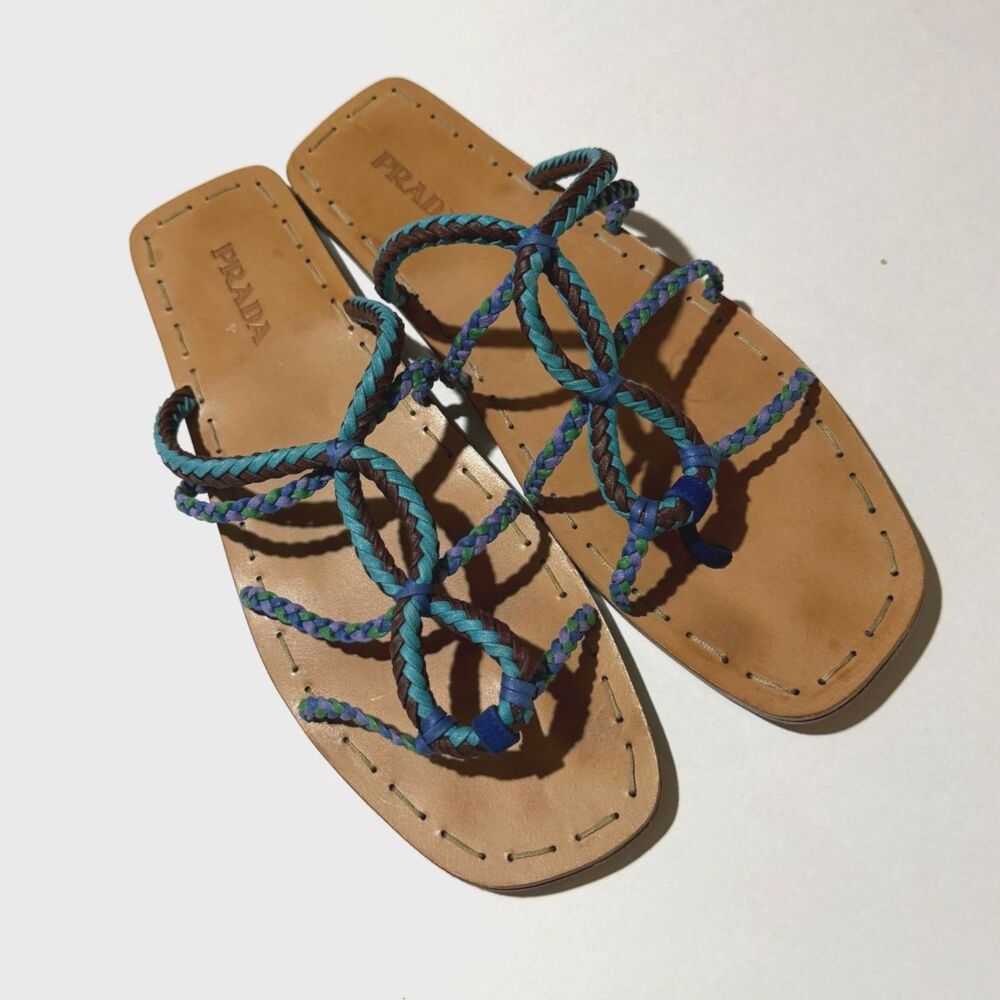 Prada, Blue Braid Leather Strappy Flat Sandals, 42 Summer Boho Casual